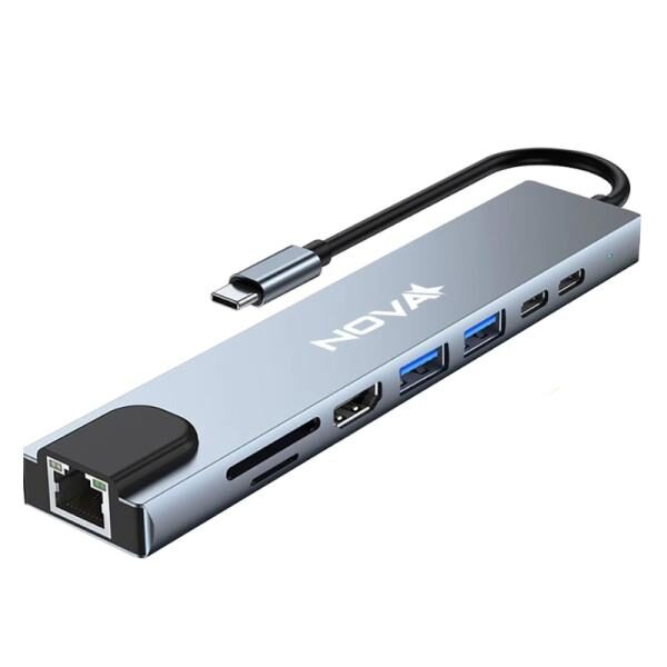 HUB INTELIGENTE NOVA FAA383CC002C 8 EN 1 USB-C PUERTOS 1 MICRO SD / 1 TF CARD / 1 RJ45 / 1 USB-C / 2 USB-A 3.0 / 1 PD CARGA RAPIDA / 1 HDMI 4K