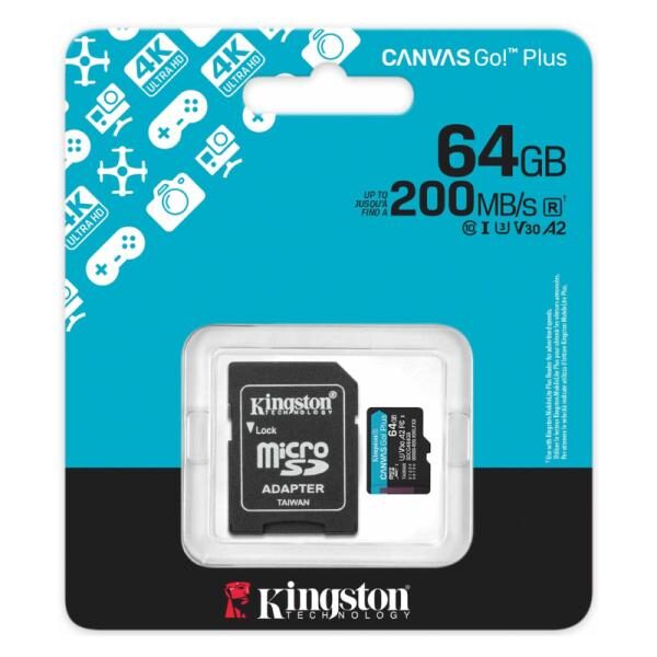 MEMORIA MICRO SD 64GB KINGSTON SDCG4/64GB UHS-I V30 200 MB/S / 100 MB/S PARA DRONES, Cï¿½MARAS DEPORTIVAS Y OTROS DISPOSITIVOS