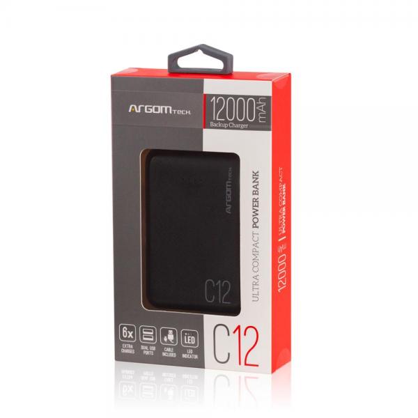 POWER BANK ARGOM C12 POWER BANK 12000MAH USB DOBLE LED ARG-PB-1138BK
