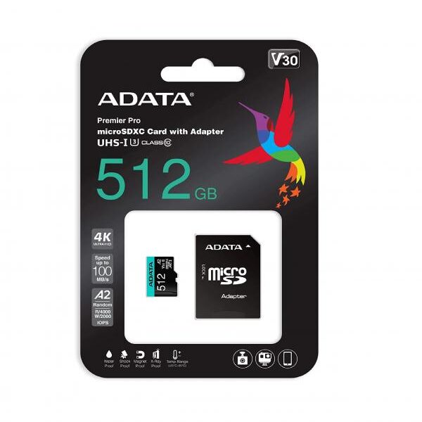 MEMORIA MICRO SDXC 512GB ADATA AUSDX512GUI3V30SA2-RA1 CLASE 10 100 MB/S 85 MB/S PARA Cï¿½MARAS Y DIAPOSITIVOS MOVILES