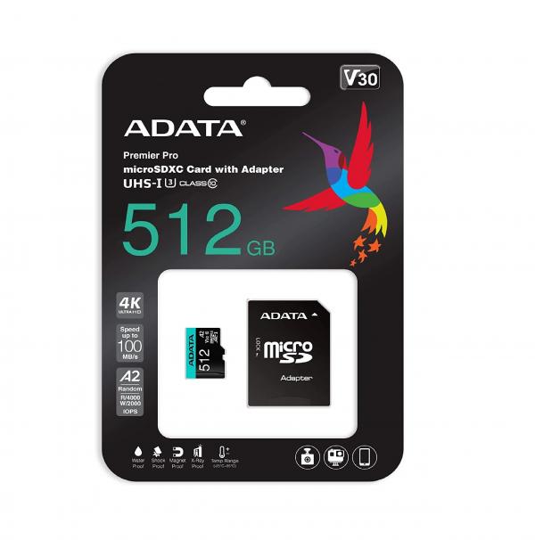 MEMORIA MICRO SDXC 512GB ADATA AUSDX512GUI3V30SA2-RA1 CLASE 10 100 MB/S 85 MB/S PARA C�MARAS Y DIAPOSITIVOS MOVILES